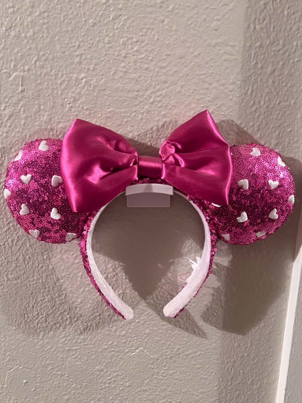 Disney Pink Sequin Minnie Ears Headband with White Heart Accents